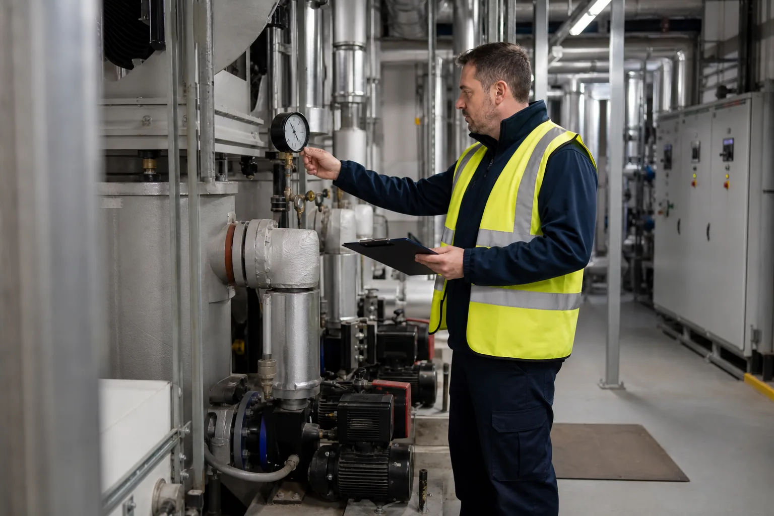 Facilities maintenance engineer inspecting equipment in a commercial plant room