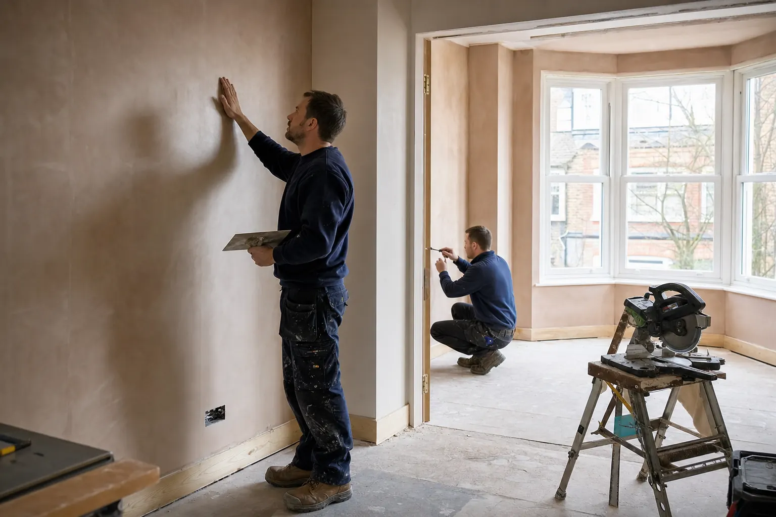 Tradespeople coordinating plastering and joinery during a UK property refurbishment